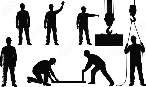 Silhouettes of construction workers in action, vector illustration of industrial teamwork, safety roles, and site coordination with crane and tools