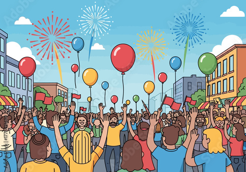 Celebration of joy with balloons and fireworks in the crowd.