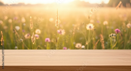Fototapeta Naklejka Na Ścianę i Meble -  Wooden surface with blurry meadow background and warm sunlight