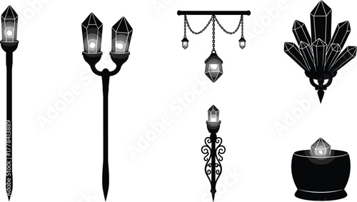 Silhouettes of crystal-themed light fixtures, vector illustration of magical lamps and sconces with glowing gemstones in fantasy-inspired designs