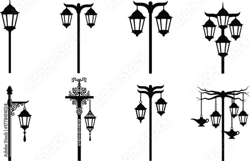 Silhouettes of decorative street lamps with hanging lanterns, vector illustration of artistic urban lighting in vintage and whimsical styles