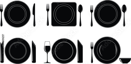 Elegant dining table setting vector illustration with plates, utensils, glasses, napkins, etiquette arrangements, formal and casual meal presentation design
