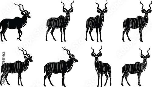 Elegant kudu antelope silhouettes vector illustration set with wildlife animal poses, African safari design elements, decorative horns, nature art collection