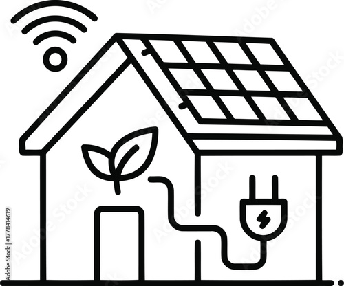 Line art of a smart home with solar panels, wifi, and a plant isolated on transparent background ecofriendly and sustainable living