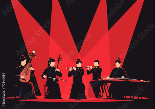 Chinese Traditional Music Ensemble Performing on Stage.