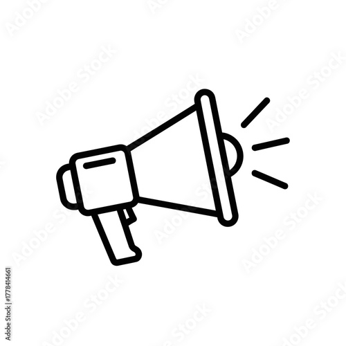 Simple line art outline icon of a megaphone, a powerful symbol for announcements, marketing promotions, urgent alerts, and broadcasting key messages.