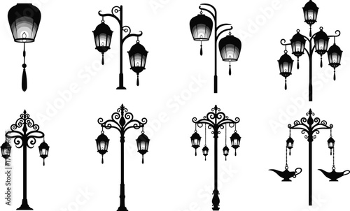 Silhouettes of ornate street lamps with hanging lanterns and tassels, vector illustration of decorative urban lighting in fantasy styles