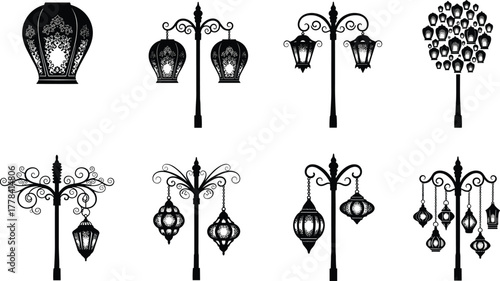 Silhouettes of ornate street lamps with decorative lanterns, vector illustration of vintage and Middle Eastern-inspired urban lighting designs