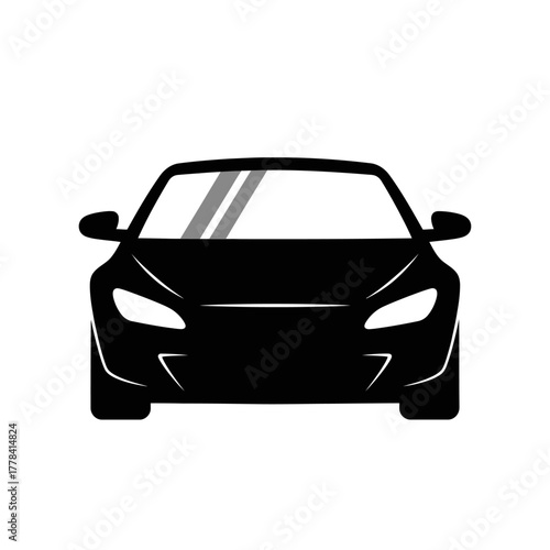 Black silhouette of a modern car from the front, isolated on a white background, representing transportation, automotive industry, and travel concepts.