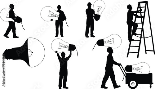 Silhouettes of people interacting with oversized light bulbs, vector illustration symbolizing ideas, innovation, creativity, and energy in conceptual poses