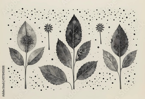 Wallpaper Mural Minimal Leaf Outline Block Print. Charcoal on Cream, Modern Neutral Handmade Decor Torontodigital.ca