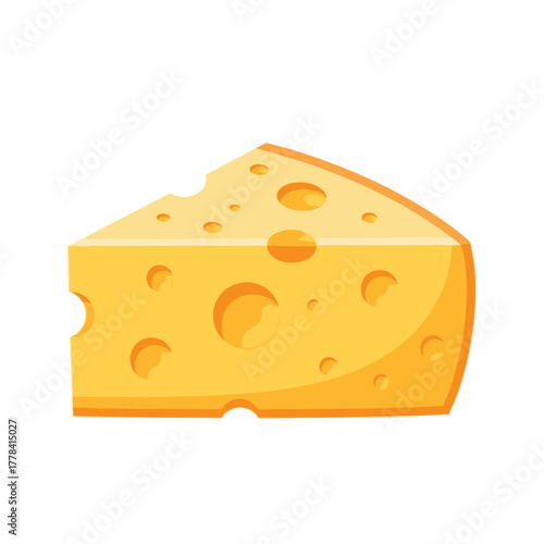 Bright yellow cartoon style cheese wedge with distinct holes, representing dairy products, snacks, ingredients, and gourmet food preparation elements isolated
