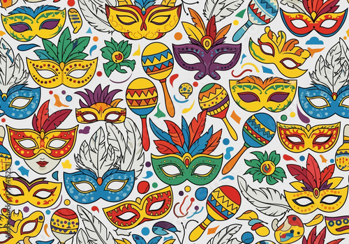 Colorful carnival masks and maracas festive background design.
