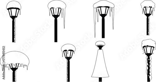 Silhouettes of snow-covered street lamps with icicles, vector illustration of winter urban lighting in varied snowy and icy conditions