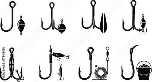 Fishing hooks silhouettes with bobber, lure, bait, weight, swivel, bucket and fish icons set for fishing equipment vector illustration