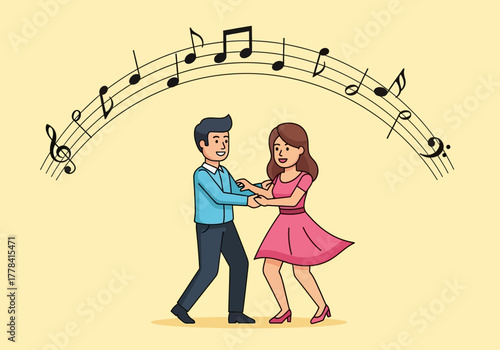 Couple dancing joyfully under a musical staff.