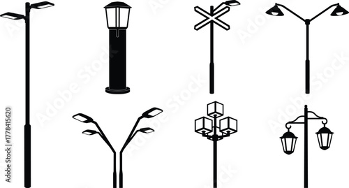 Silhouettes of street lamp designs with lanterns and crossbars, vector illustration of urban lighting structures in varied architectural styles