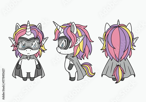 Cute cartoon unicorn character with colorful mane and tail wearing a cape and goggles, front, side, and back views.