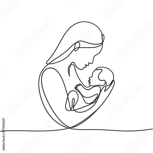 Continuous line drawing of mother holding newborn baby tenderly
