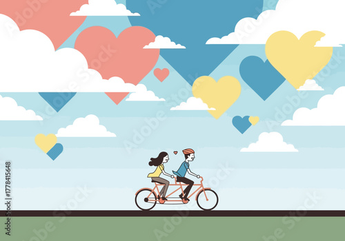 Couple riding tandem bicycle together, enjoying romantic date, love concept.