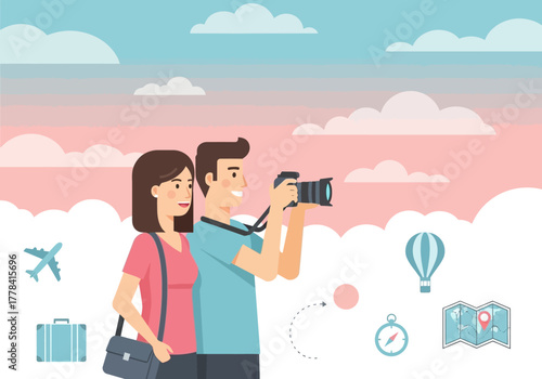 Couple taking photos on vacation with camera.