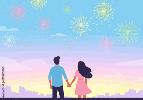 Couple Watching Fireworks Together on a Festive Night, Celebrating Love.