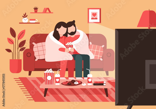 Cozy Couple Watching Movie at Home with Popcorn and Drinks.