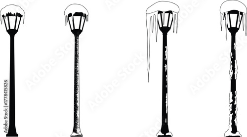 Silhouettes of street lamps with progressive snow and ice buildup, vector illustration of winter weather effects on urban lighting