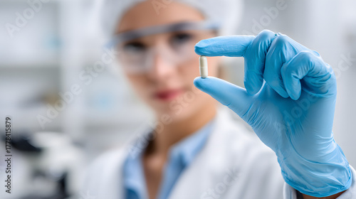 A female doctor holds a small capsule against a research lab background and copy space for text. Laboratory background illustration.