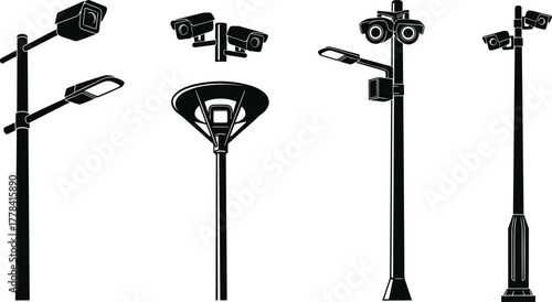 Silhouettes of streetlight poles with surveillance cameras, vector illustration of urban infrastructure combining public lighting and security technology