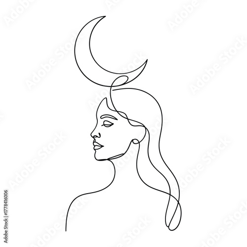 Minimalist line art of a woman with a crescent moon above her head