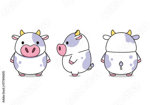 A character sheet of a cute, kawaii-style cartoon cow, shown from the front and side in a simple, gentle pose.