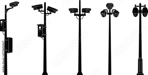 Silhouettes of surveillance camera poles, vector illustration of security infrastructure with mounted devices for public monitoring and urban safety systems