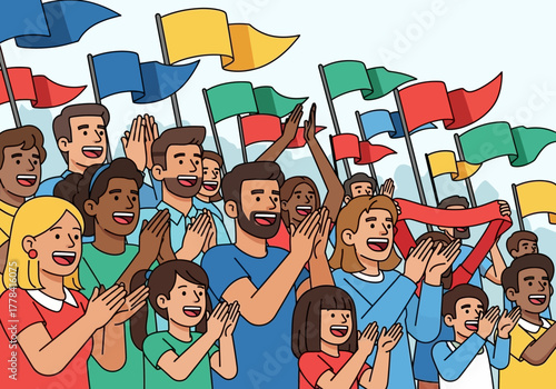 Diverse crowd of people cheering and clapping with flags.