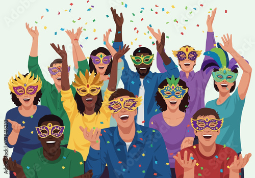Diverse Group of People Celebrating Wearing Colorful Masquerade Masks.