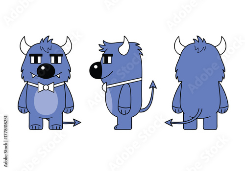 Three-view character design sheet of a cute blue cartoon monster with horns, a tail, and a bow tie, presented from front, side, and back angles.