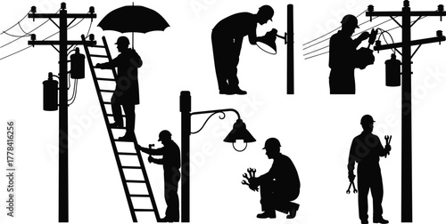 Silhouettes of utility workers servicing electrical poles, vector illustration of infrastructure repair and maintenance tasks in varied outdoor conditions