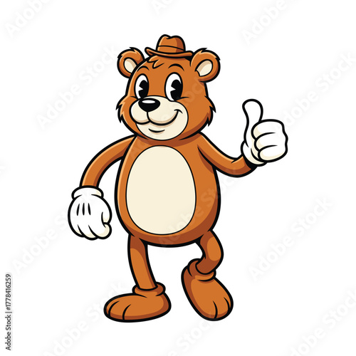A friendly cartoon brown bear wearing a hat and white gloves, standing upright and giving a cheerful thumbs-up gesture.