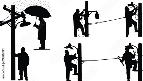 Silhouettes of utility workers climbing and servicing poles, vector illustration of electrical maintenance tasks with ladders, lifts, and tools