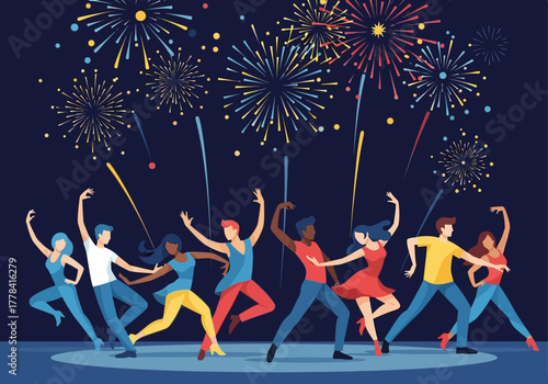 Diverse group of people dancing joyfully under fireworks celebration.