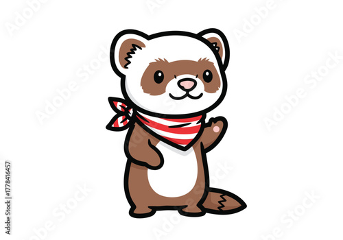 A cute cartoon ferret with brown and white fur, wearing a red and white striped bandana, standing and waving.