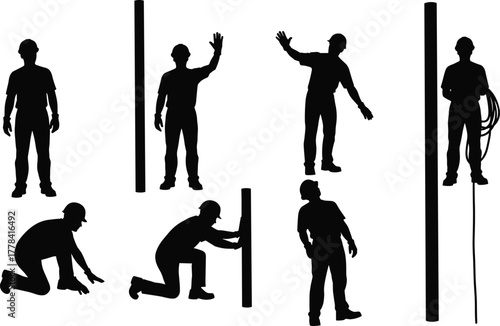 Silhouettes of workers interacting with vertical poles, vector illustration of utility tasks, inspection, and construction site coordination in action poses