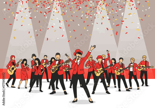 Energetic band performing on stage with bright spotlights and confetti.