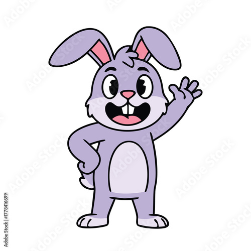 A cute cartoon purple rabbit character with pink ears and an open mouth, happily waving its right paw.