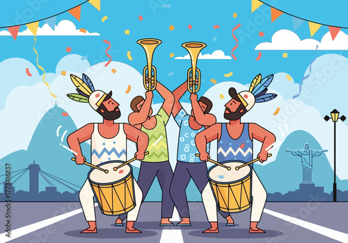 Festive Carnival Parade with Musicians and Confetti Celebration.