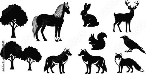 Stylized forest animal silhouettes with foxes, deer, horse, rabbit, crow, squirrel and trees for nature wildlife vector illustration design
