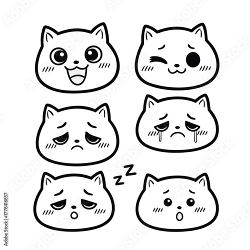 Six cute cartoon cat faces showing various emotions like happy, winking, sad, crying, tired, and surprised, isolated on a white background.