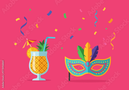 Festive Carnival Celebration with Tropical Cocktail and Masquerade Mask.