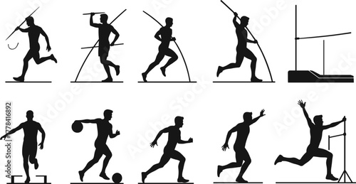 Track and Field Athlete Silhouettes Performing Javelin, Pole Vault, Sprint, Hurdles, Shot Put, Long Jump, Victory Pose Vector Set