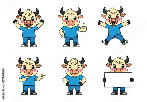 A kawaii-style cartoon bull mascot with light fur, wearing a blue t-shirt and jeans. Shown in various cute poses: cheering, thumbs-up, jumping, pointing, standing confidently, and holding a blank sign